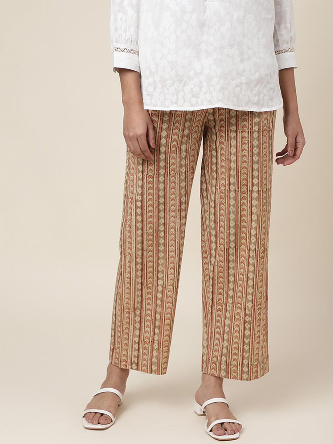

Fabindia Women Geometric Printed Cotton Trousers, Camel brown