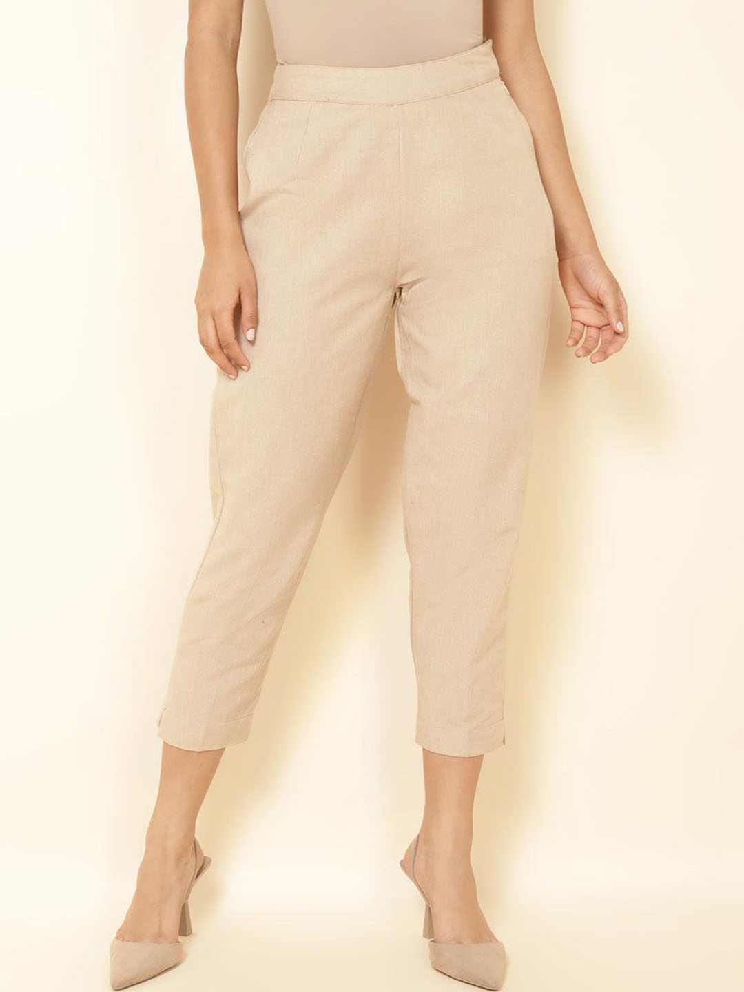 

Fabindia Women Mid Rise Plain Knitted Cotton Slim Fit Cropped Trousers, Beige
