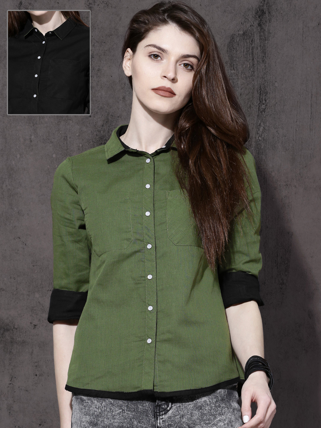 

Roadster Women Olive Green & Black Regular Fit Solid Casual Shirt
