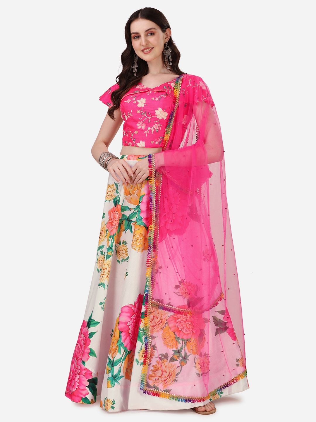 

Tikhi Imli Off Whit & Pink Printed Semi-Stitched Lehenga & Unstitched Blouse With Dupatta, Off white