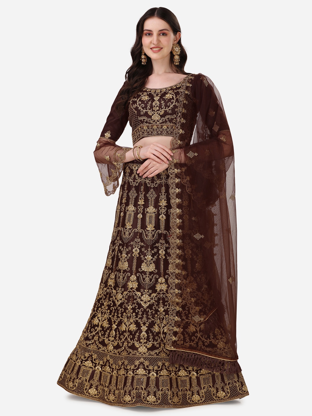 

Tikhi Imli Brown Embroidered Semi-Stitched Lehenga & Unstitched Blouse With Dupatta