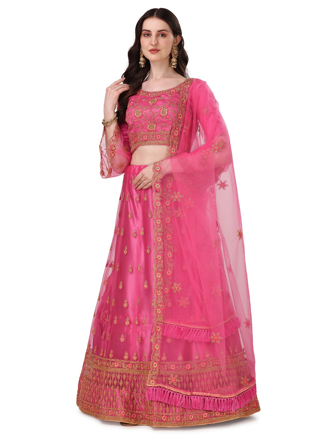 

Tikhi Imli Pink & Gold-Toned Embroidered Semi-Stitched Lehenga & Unstitched Blouse With Dupatta