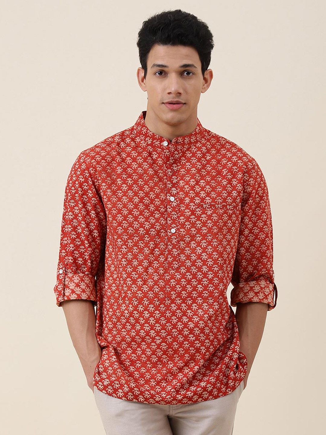 

Fabindia Ethnic Motif Printed Slim Fit Opaque Cotton Casual Shirt, Rust