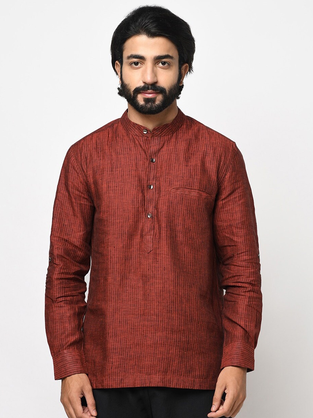 

Fabindia Band Collar Slim Fit Opaque Striped Casual Linen Shirt, Red