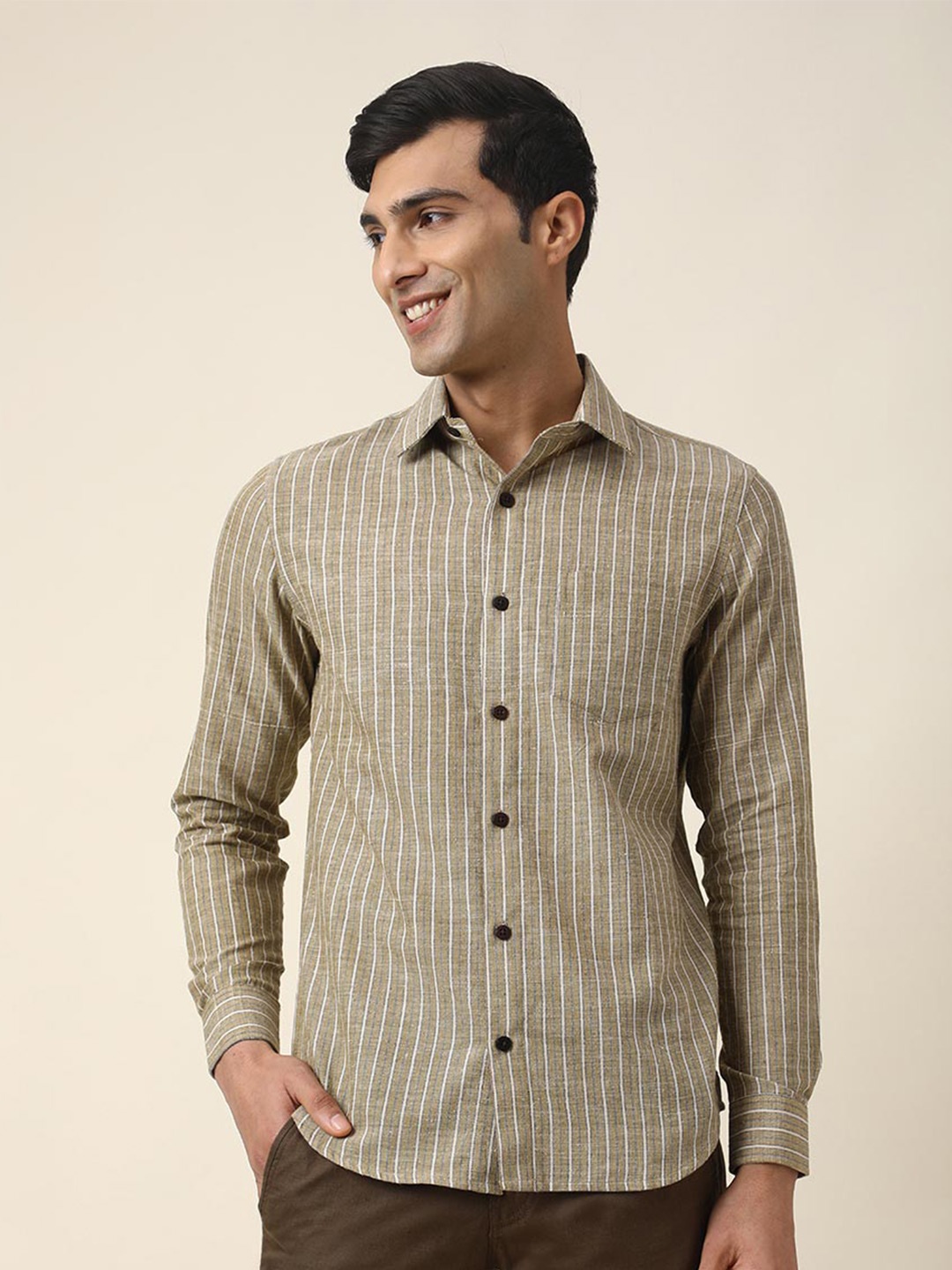 

Fabindia Vertical Striped Slim Fit Cotton Casual Shirt, Beige