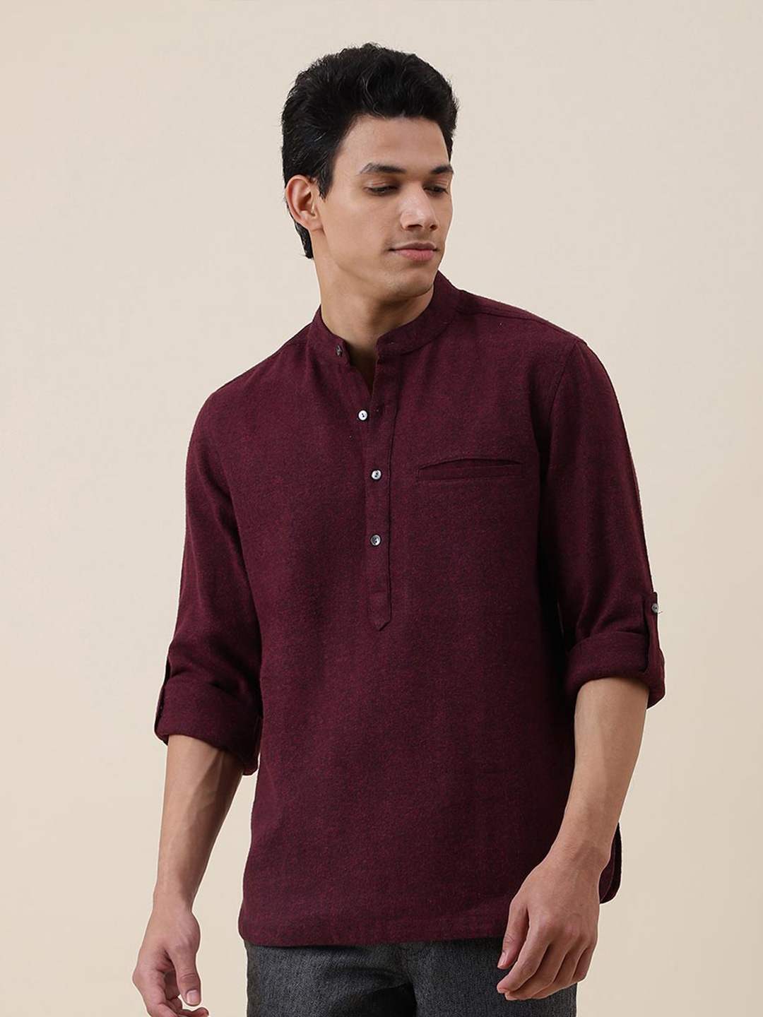 

Fabindia Band Collar Slim Fit Cotton Casual Shirt, Purple