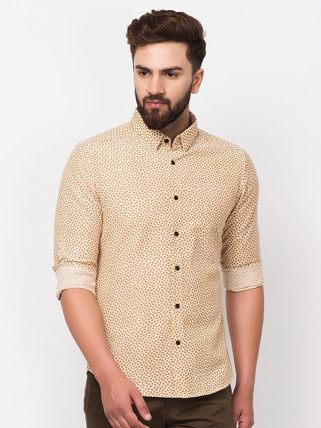 

Fabindia Micro Ditsy Printed Slim Fit Cotton Casual Shirt, Beige