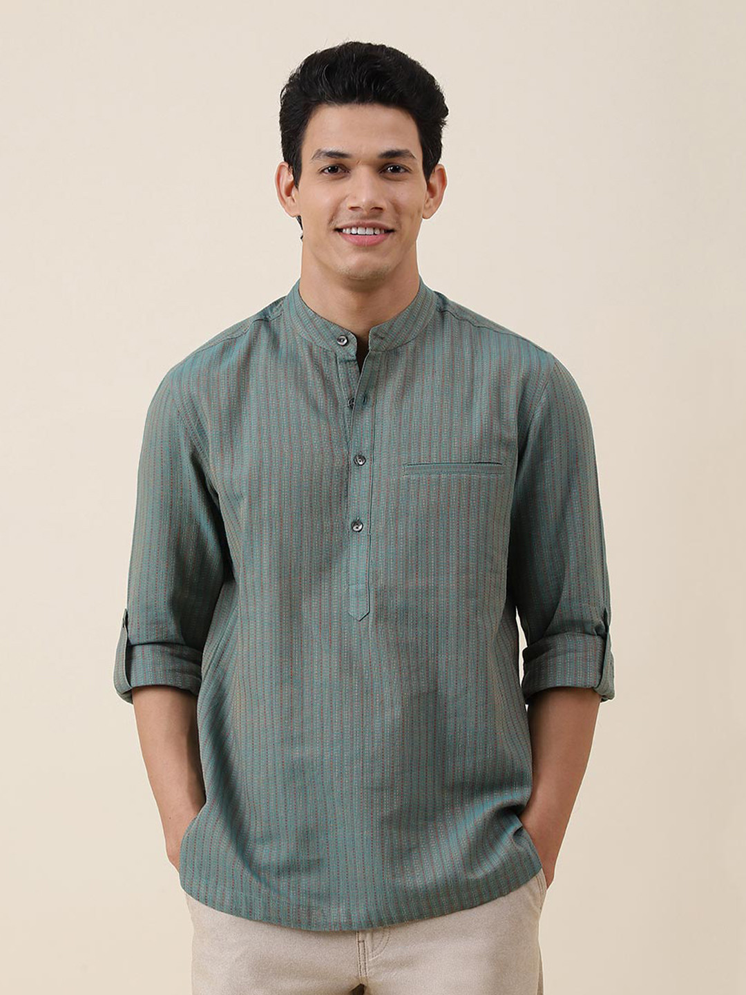 

Fabindia Textured Self Design Band Collar Roll-Up Sleeves Slim Fit Cotton Casual Shirt, Teal