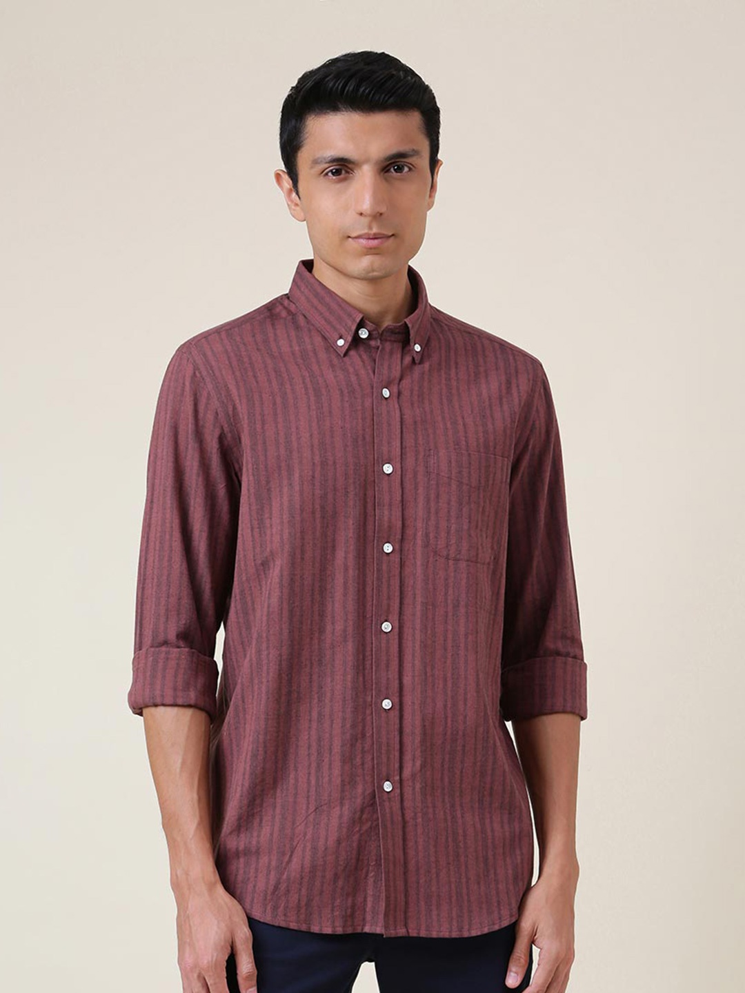 

Fabindia Vertical Striped Button-Down Collar Cotton Casual Shirt, Maroon