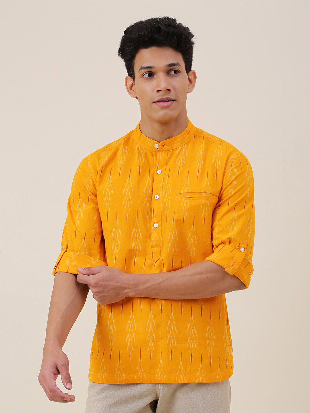 

Fabindia Slim Fit Abstract Printed Mandarin Collar Cotton Shirt, Orange