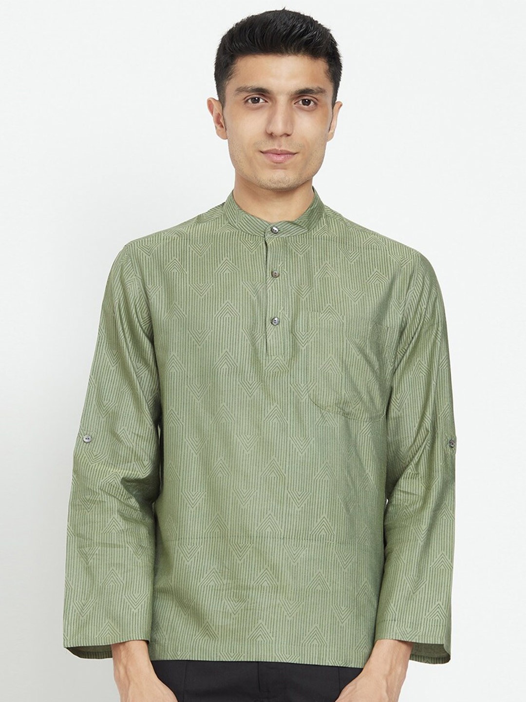 

Fabindia Geometric Printed Band Collar Casual Shirt, Green