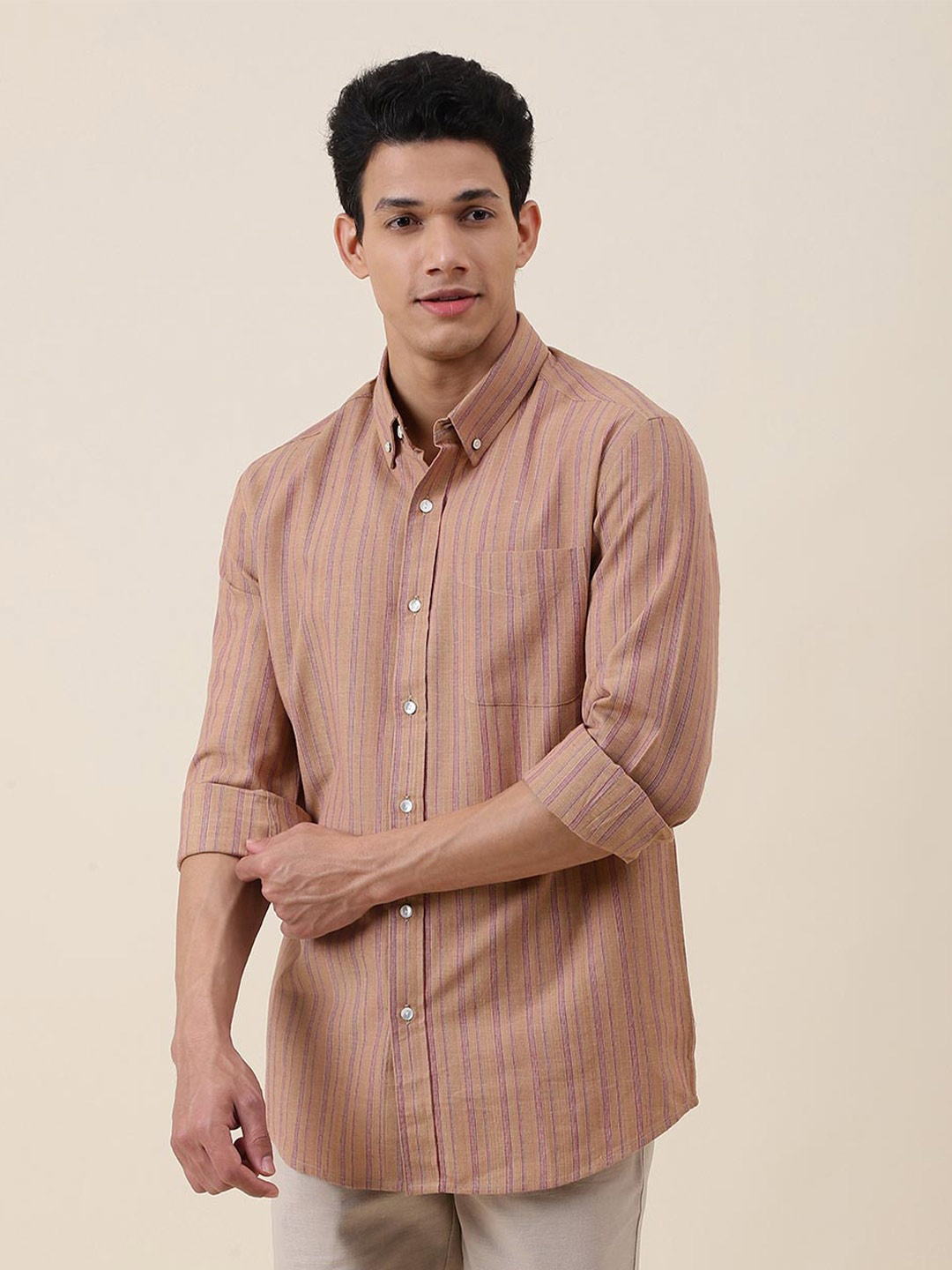 

Fabindia Vertical Striped Button-Down Collar Cotton Casual Shirt, Brown