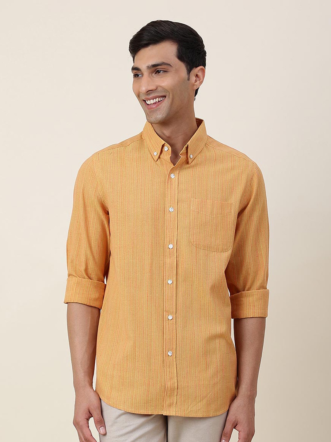 

Fabindia Vertical Striped Button-Down Collar Cotton Casual Shirt, Mustard