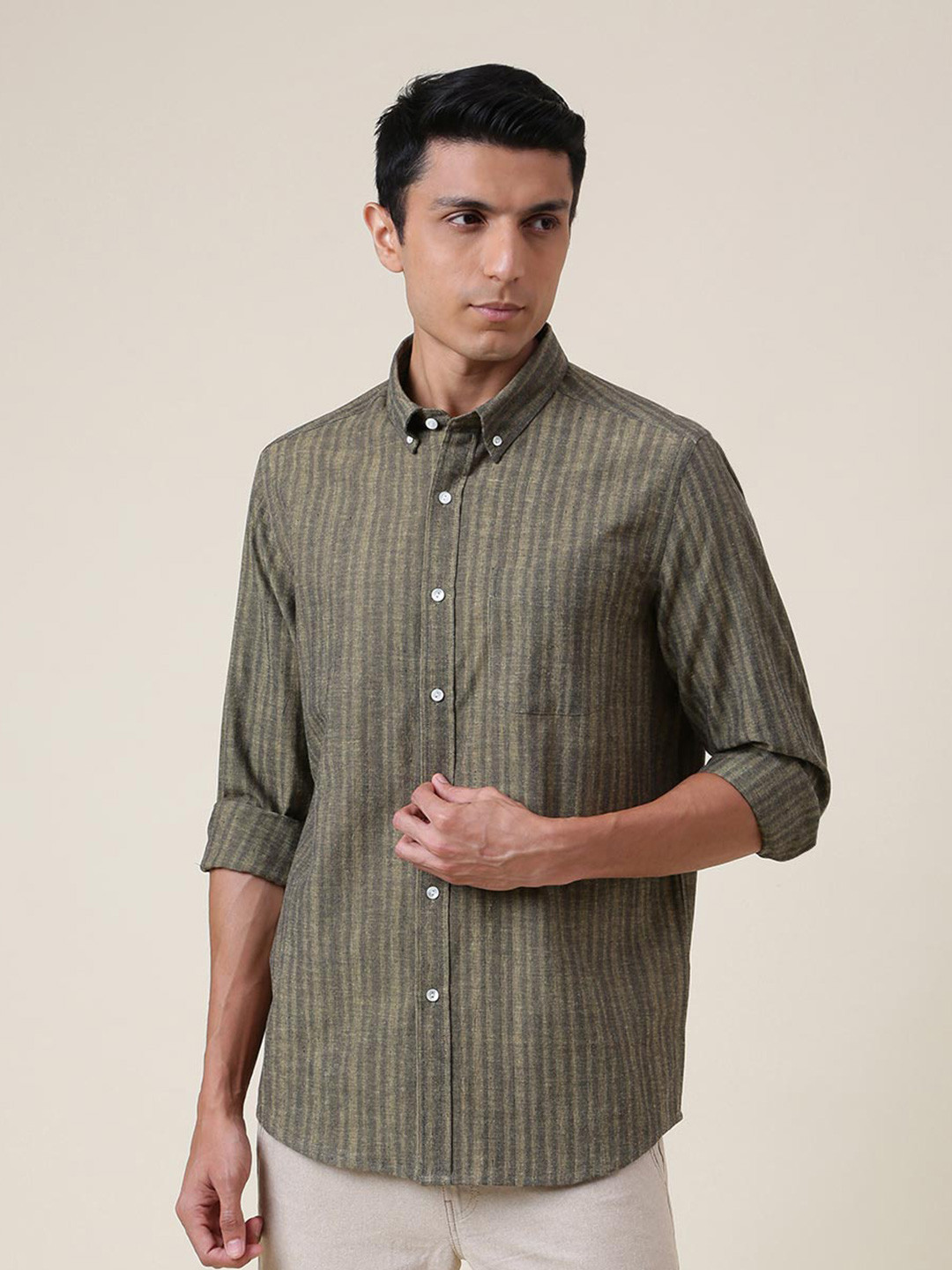

Fabindia Slim Fit Button-Down Collar Striped Casual Cotton Shirt, Green