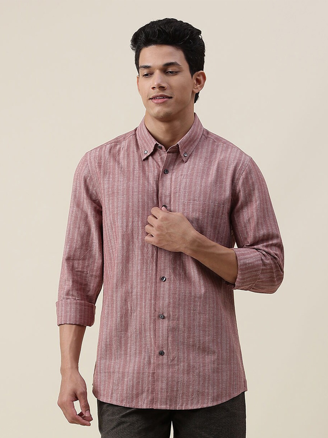 

Fabindia Slim Fit Button-Down Collar Striped Casual Cotton Shirt, Pink