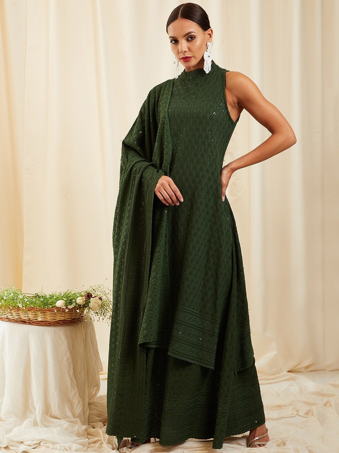 

InWeave Green Ethnic Embroidered Sequined Chikankari Kurta with Palazzos & Dupatta
