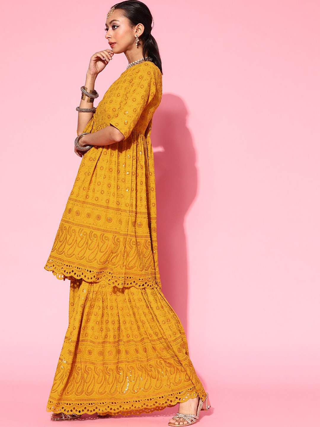

InWeave Mustard Yellow Ethnic Motifs Embroidered Sequined Chikankari Kurti with Sharara