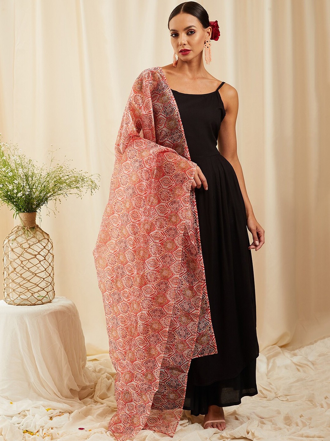 

InWeave Black & Peach-Coloured Anarkali Kurta with Palazzos & Dupatta