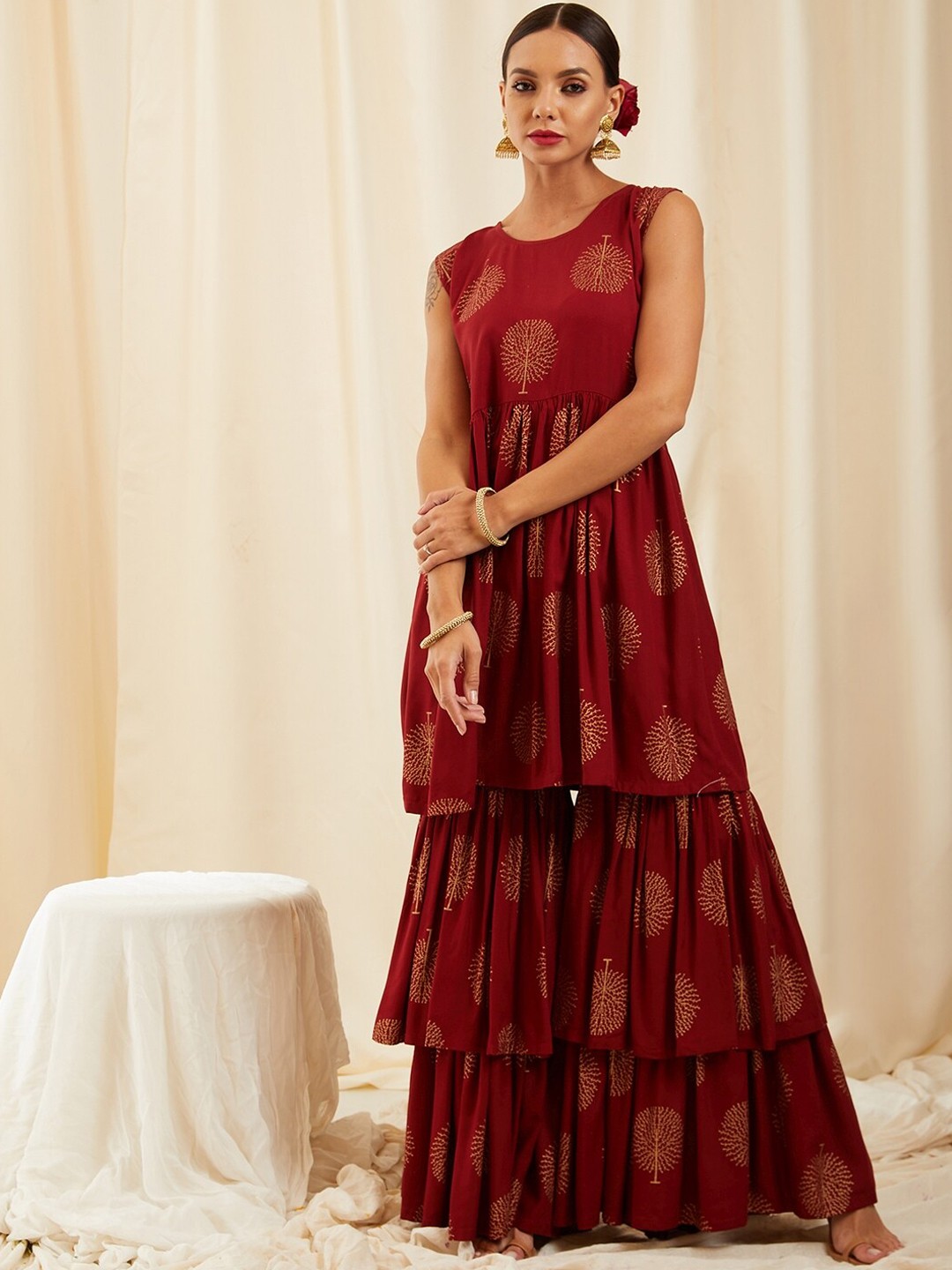 

InWeave Maroon & Gold-Toned Ethnic Motifs Printed A-Line Kurti with Sharara