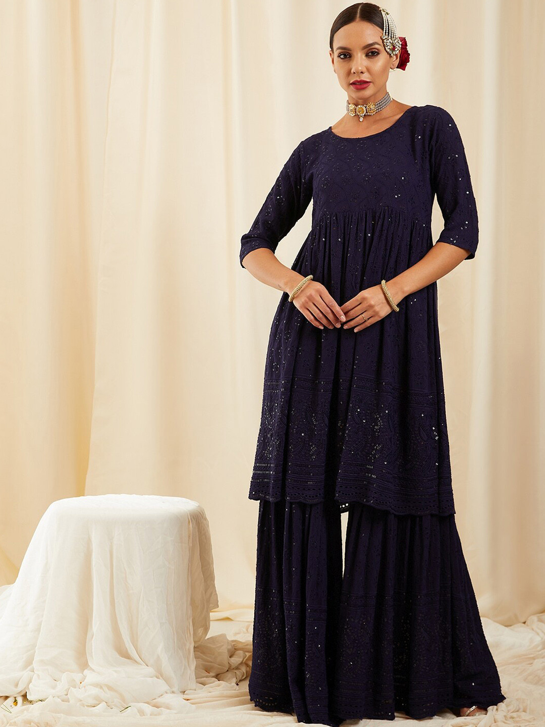 

InWeave Navy Blue Ethnic Embroidered Chikankari Sequined Kurta with Sharara