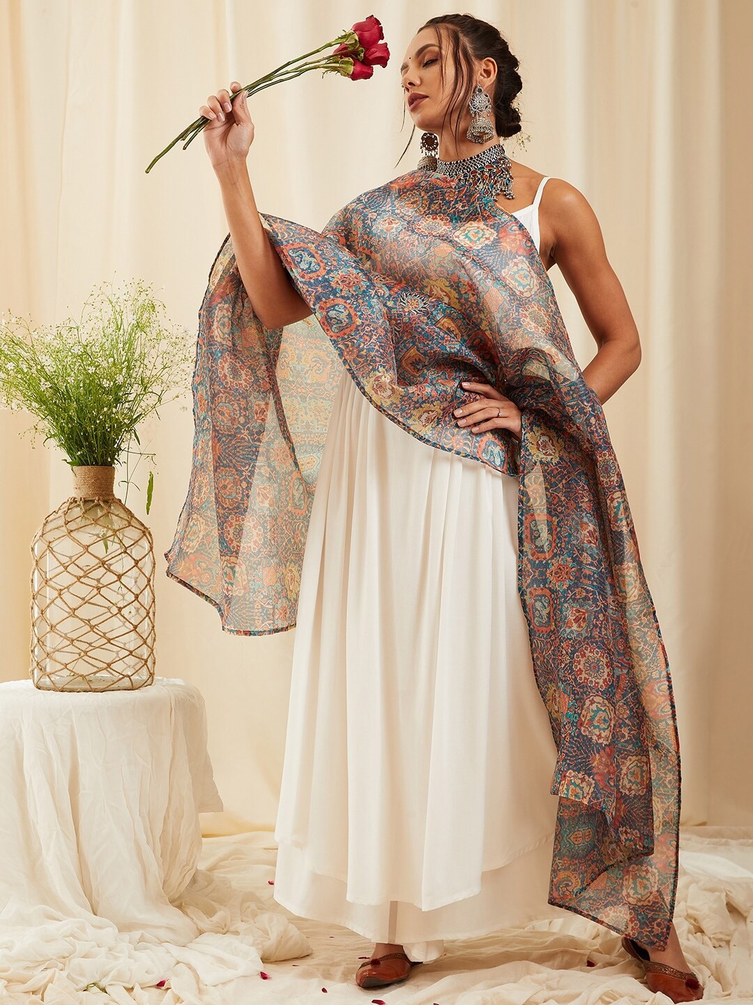 

InWeave Off White & Blue Anarkali Kurta with Palazzos & Dupatta