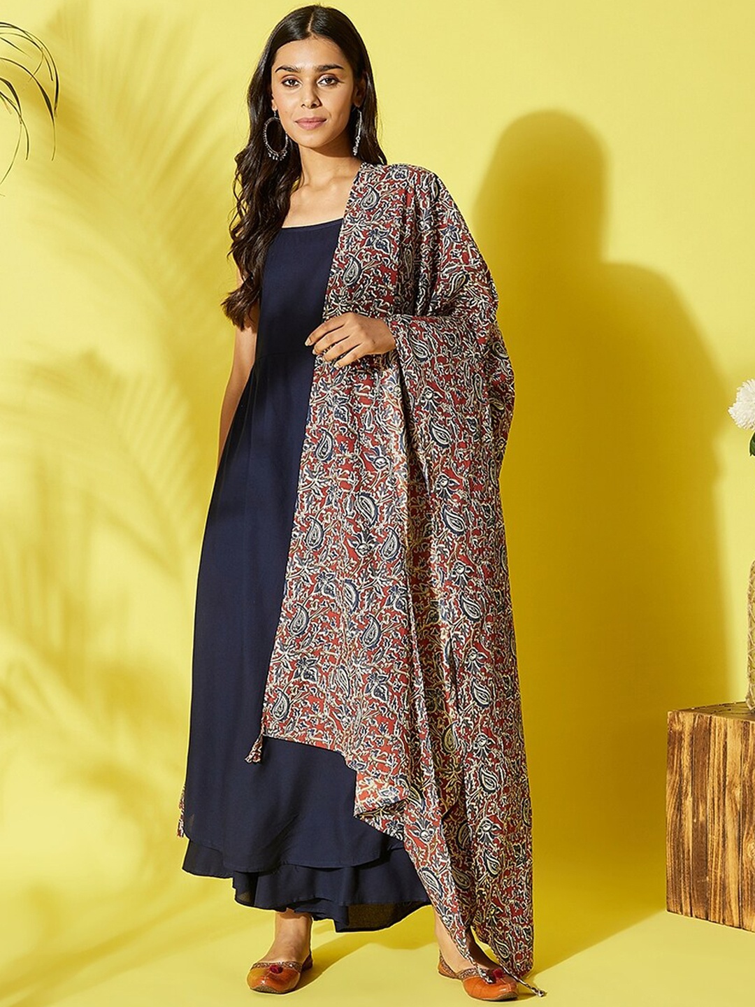 

InWeave Navy Blue & Red Shoulder Straps Pleated Kurta with Palazzos & Dupatta