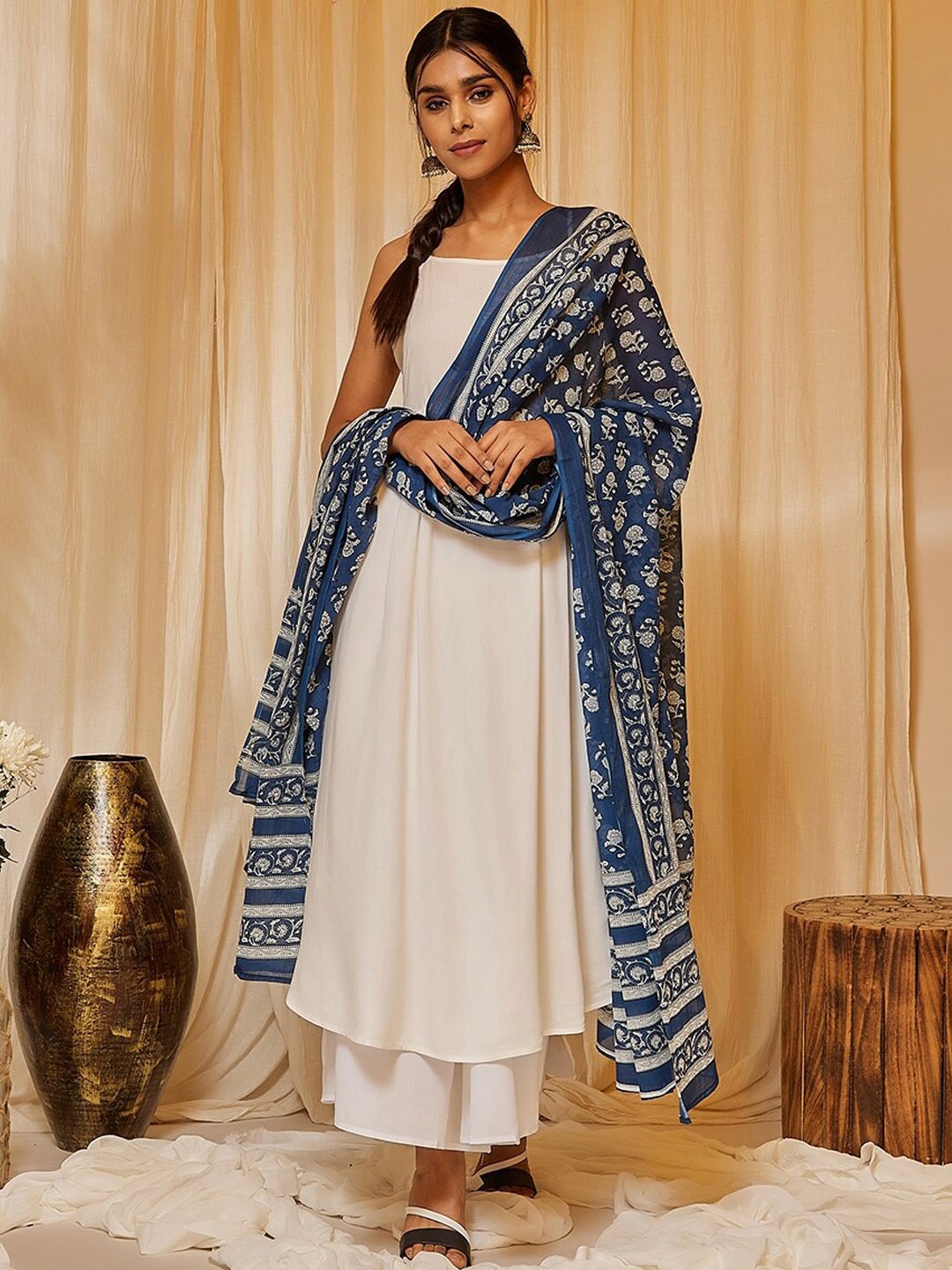 

InWeave Off White & Navy Blue Anarkali Kurta with Palazzos & Dupatta