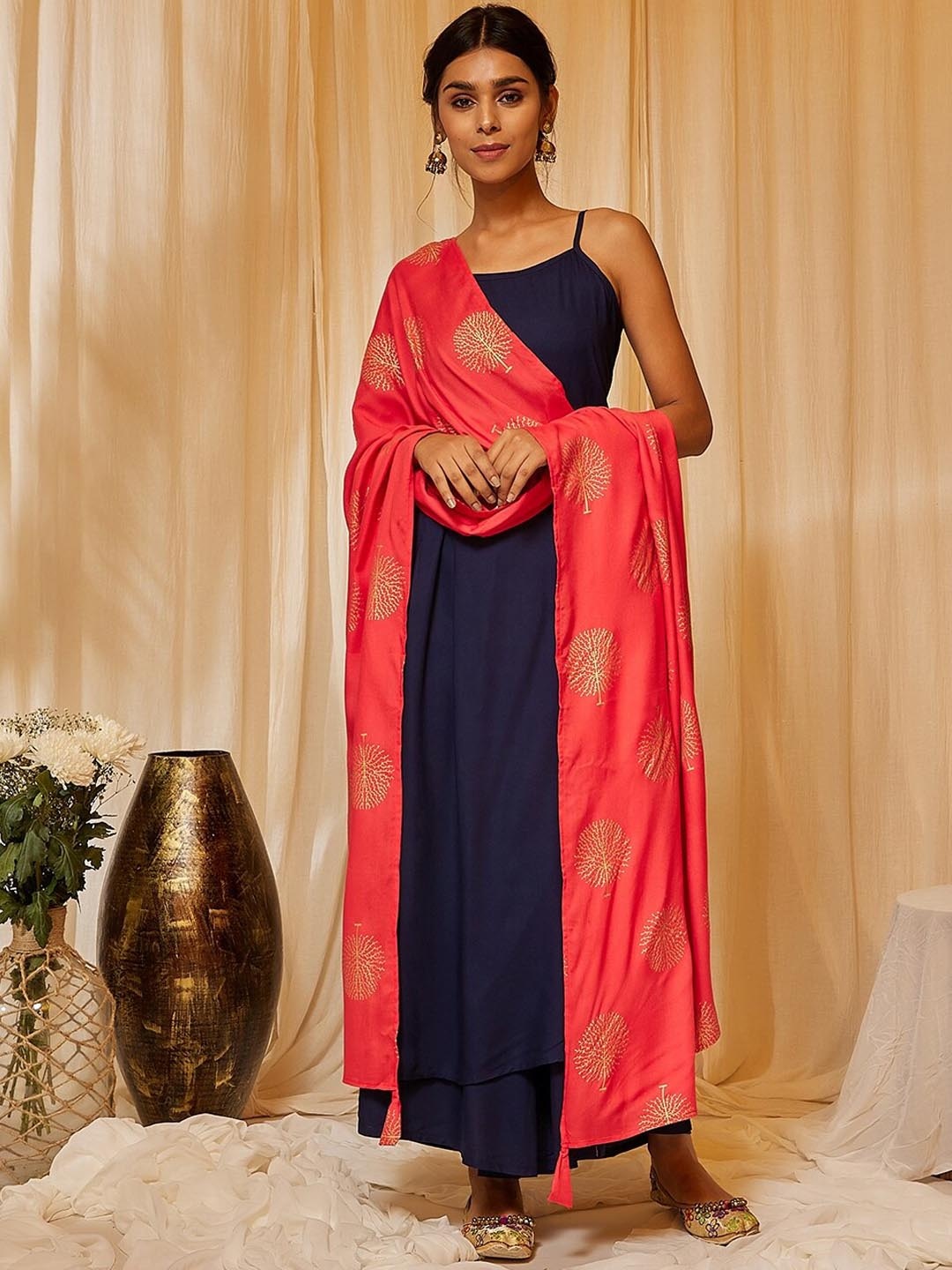 

InWeave Navy Blue & Coral-Color Shoulder Straps Kurta with Palazzos & Dupatta