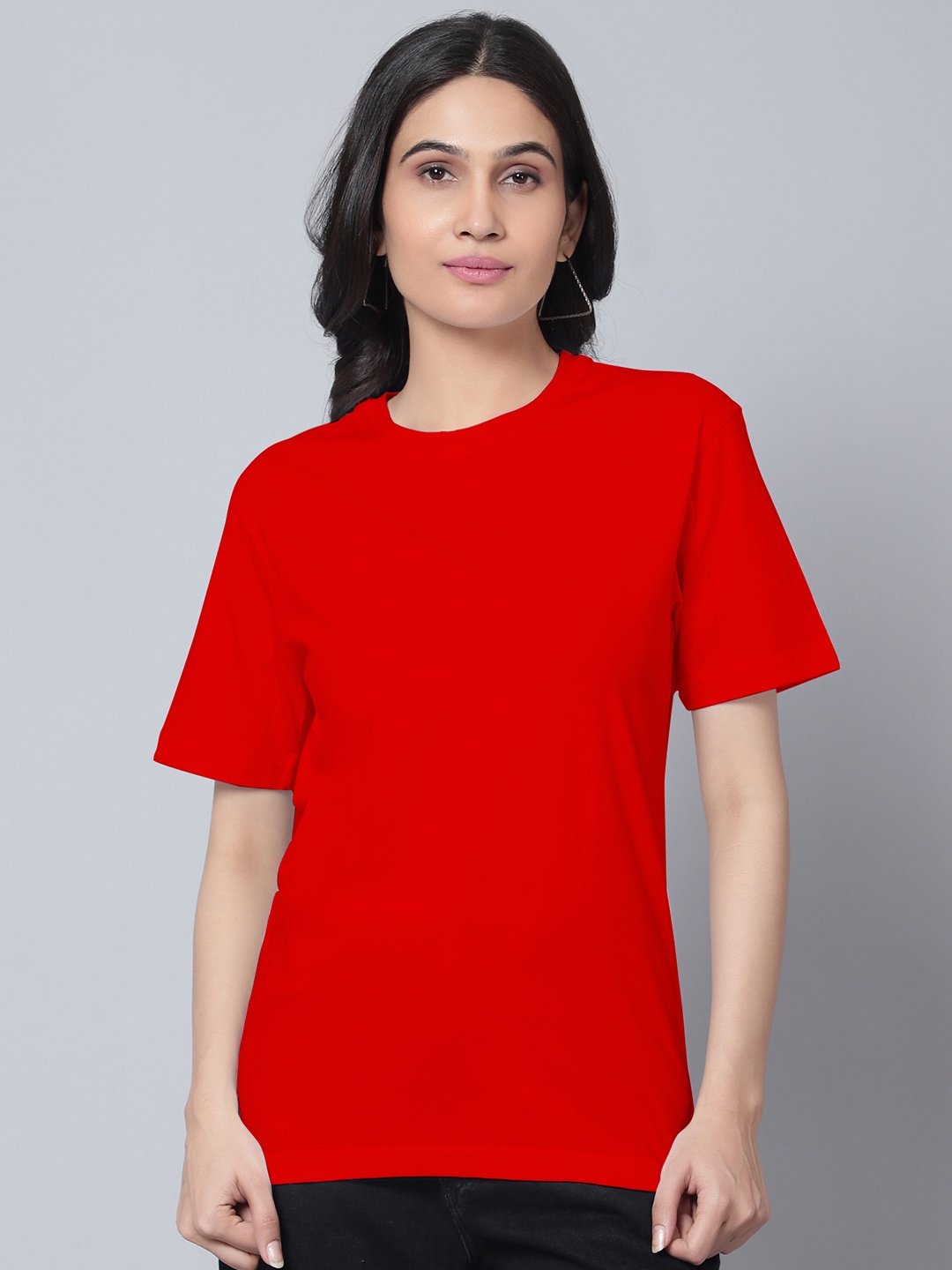 

DIAZ Round Neck Drop-Shoulder Sleeves Pure Cotton T-shirt, Red