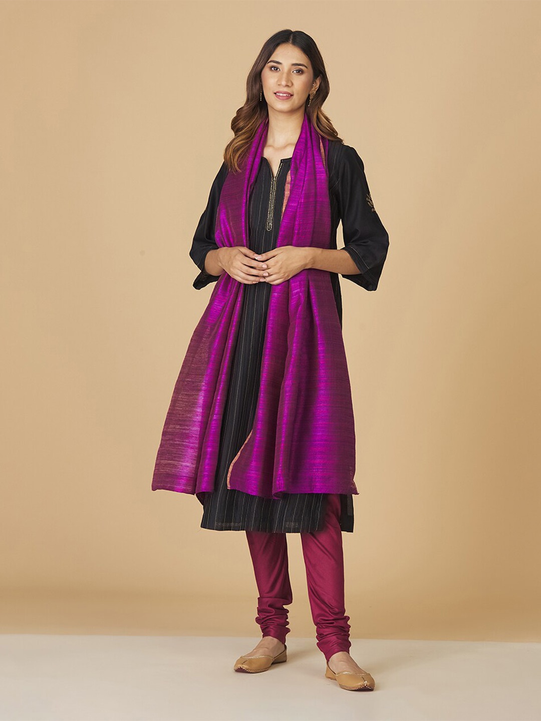 

Fabindia Women Striped Silk Stole, Purple