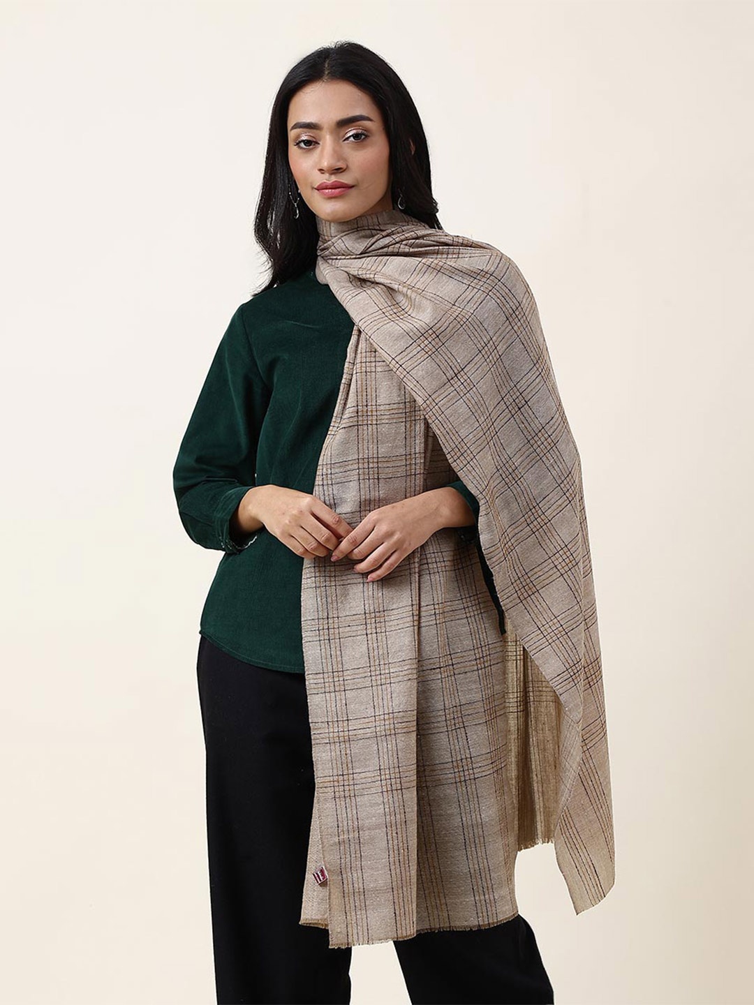 

Fabindia Women Checked Wool Stole, Beige