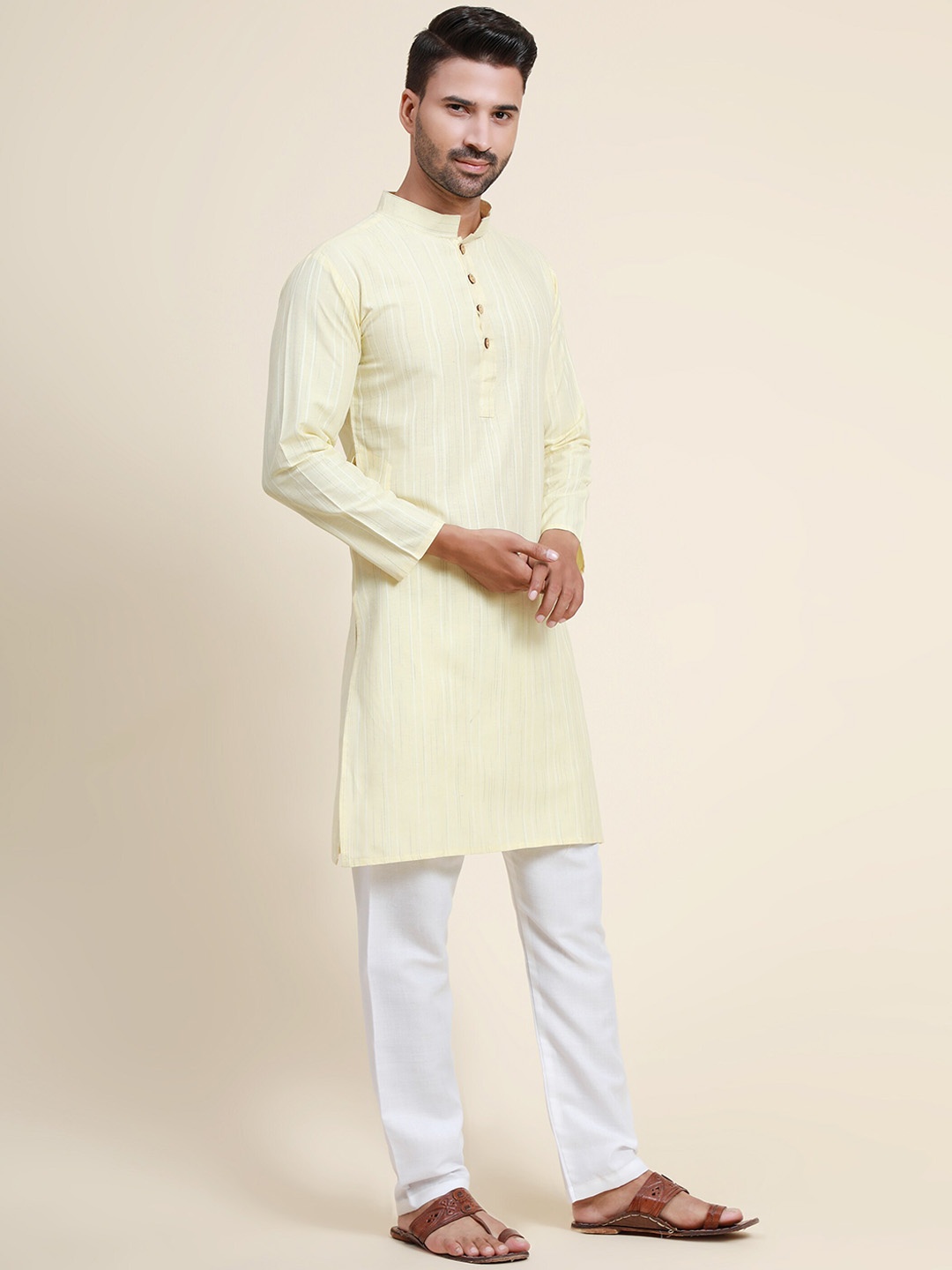 

Murta Trends Mandarin Collar Striped Regular Kurta with Pyjamas, Yellow