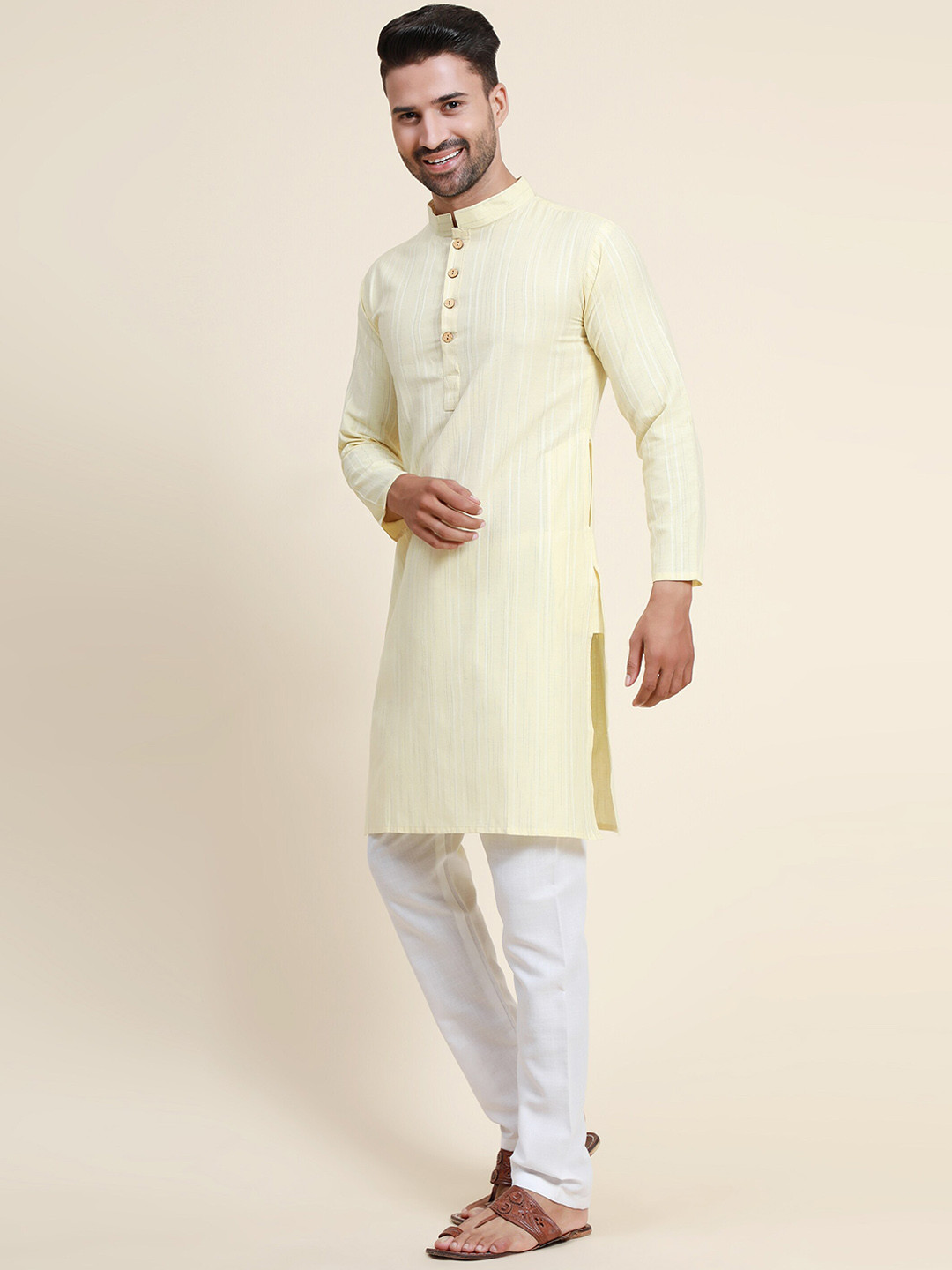

Murta Trends Mandarin Collar Striped Regular Kurta with Pyjamas, Yellow