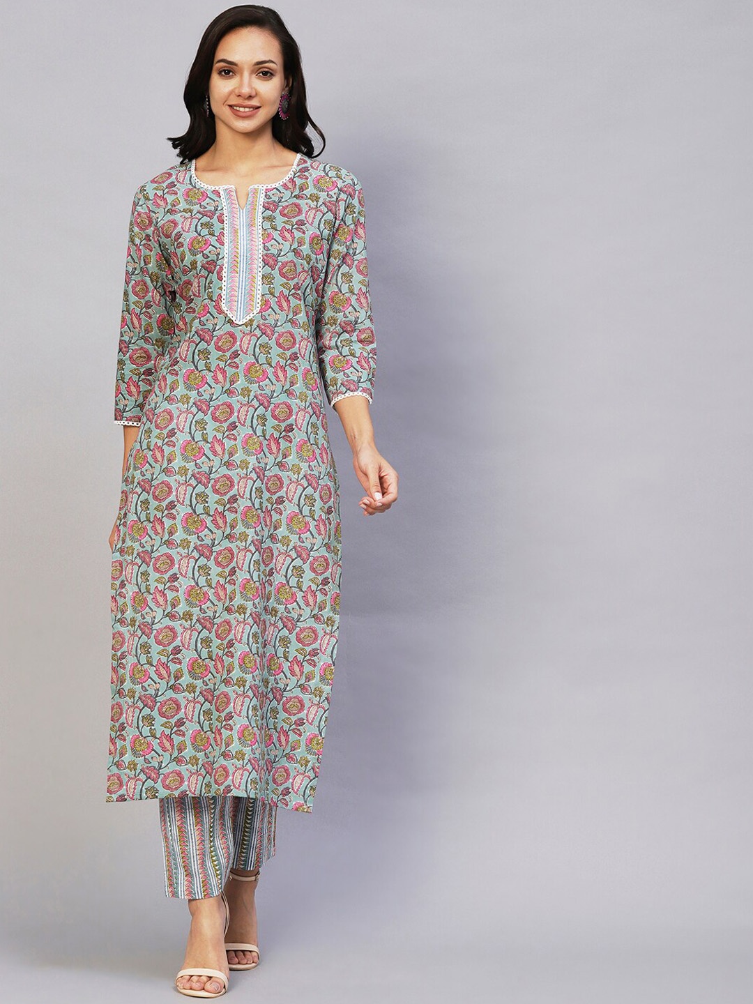 

KALINI Floral Printed Lace Detail Kurta with Trousers, Turquoise blue