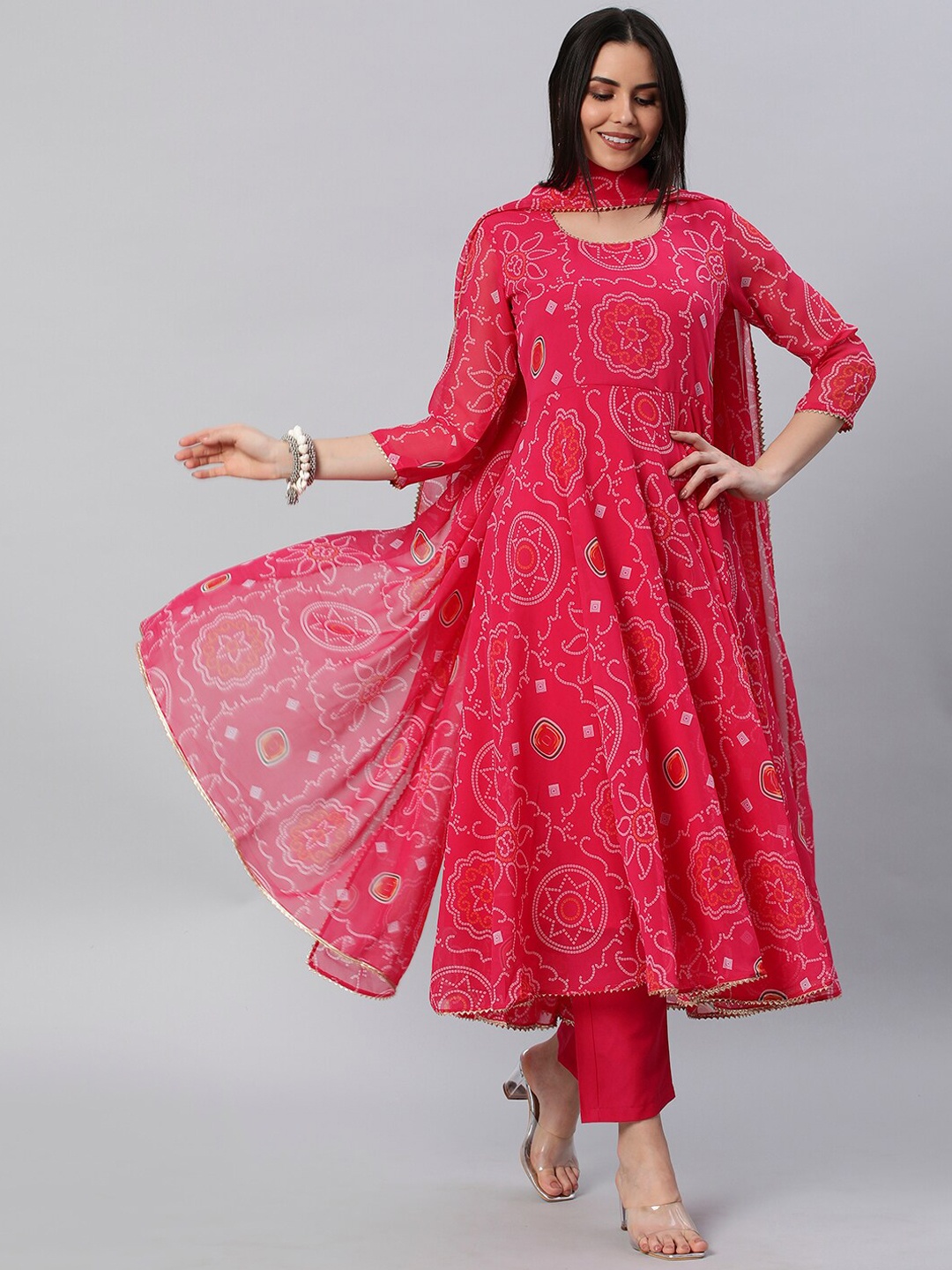 

KALINI Bandhani Printed Gotta Patti Anarkali Kurta with Trousers & Dupatta, Pink