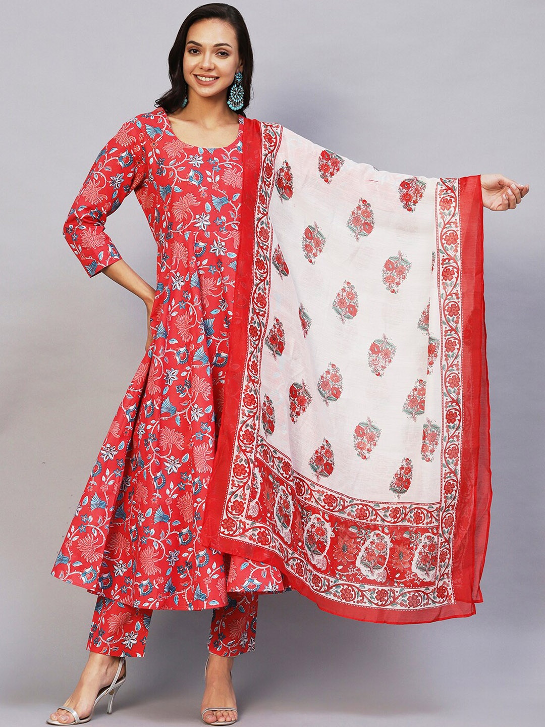 

KALINI Floral Printed Anarkali Kurta With Trousers & Dupatta, Red