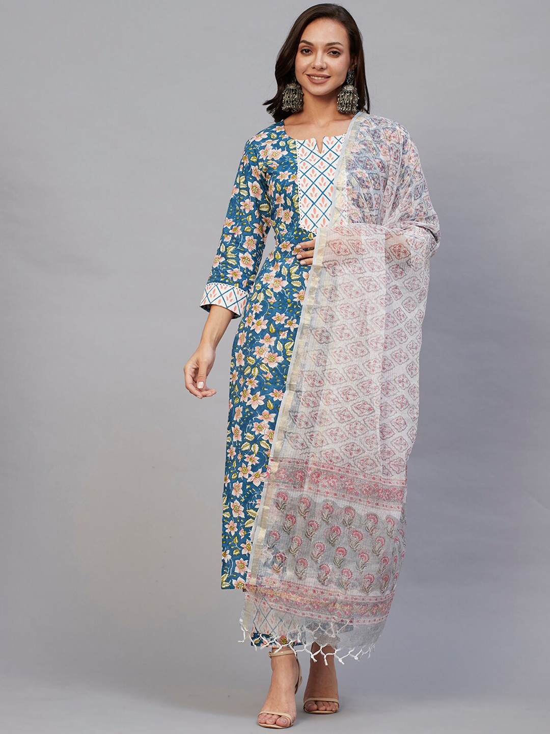 

KALINI Floral Printed Lace Detail Kurta with Trousers & Dupatta, Navy blue