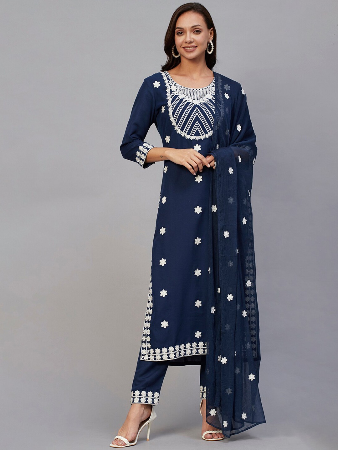 

KALINI Floral Embroidered Thread Work Kurta & Trousers With Dupatta, Navy blue