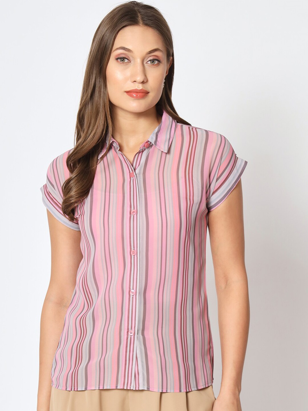 

CHARMGAL Classic Opaque Striped Casual Shirt, Pink