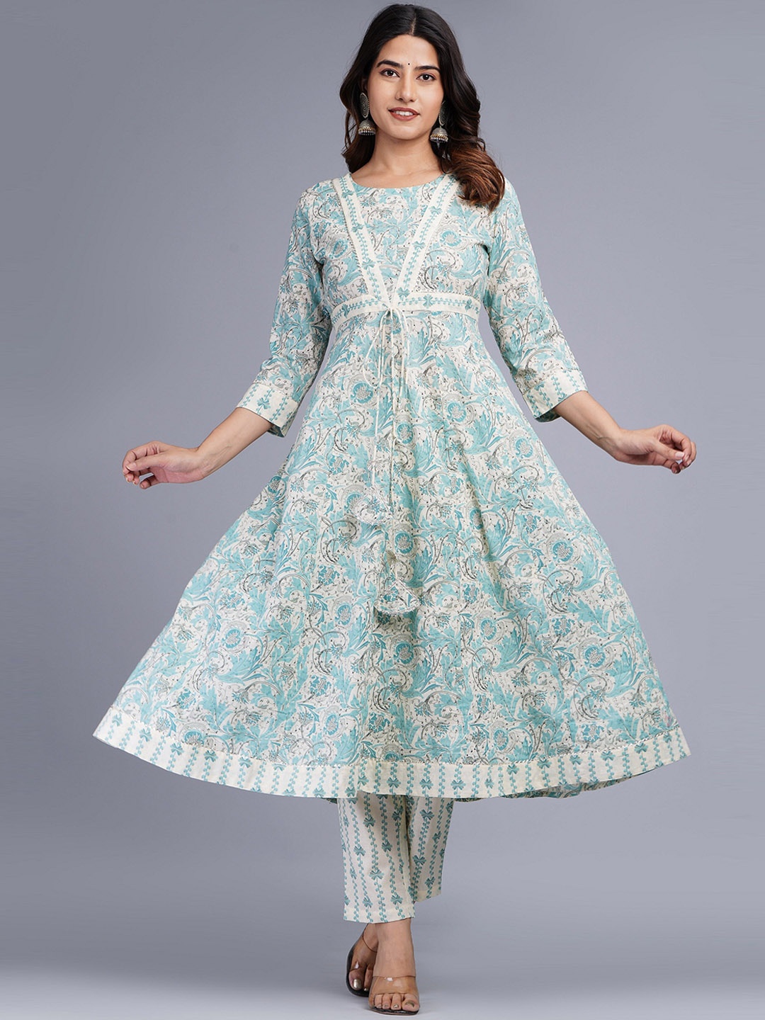 

JAIPURI COLLECTION Ethnic Motifs Printed Pure Cotton Anarkali Kurta with Trousers, Turquoise blue