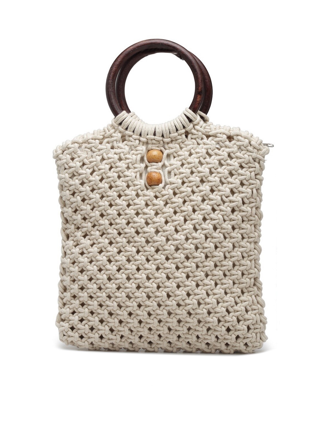 FABINALIV Textured Structured Macrame Cotton Handheld Bag, Off white