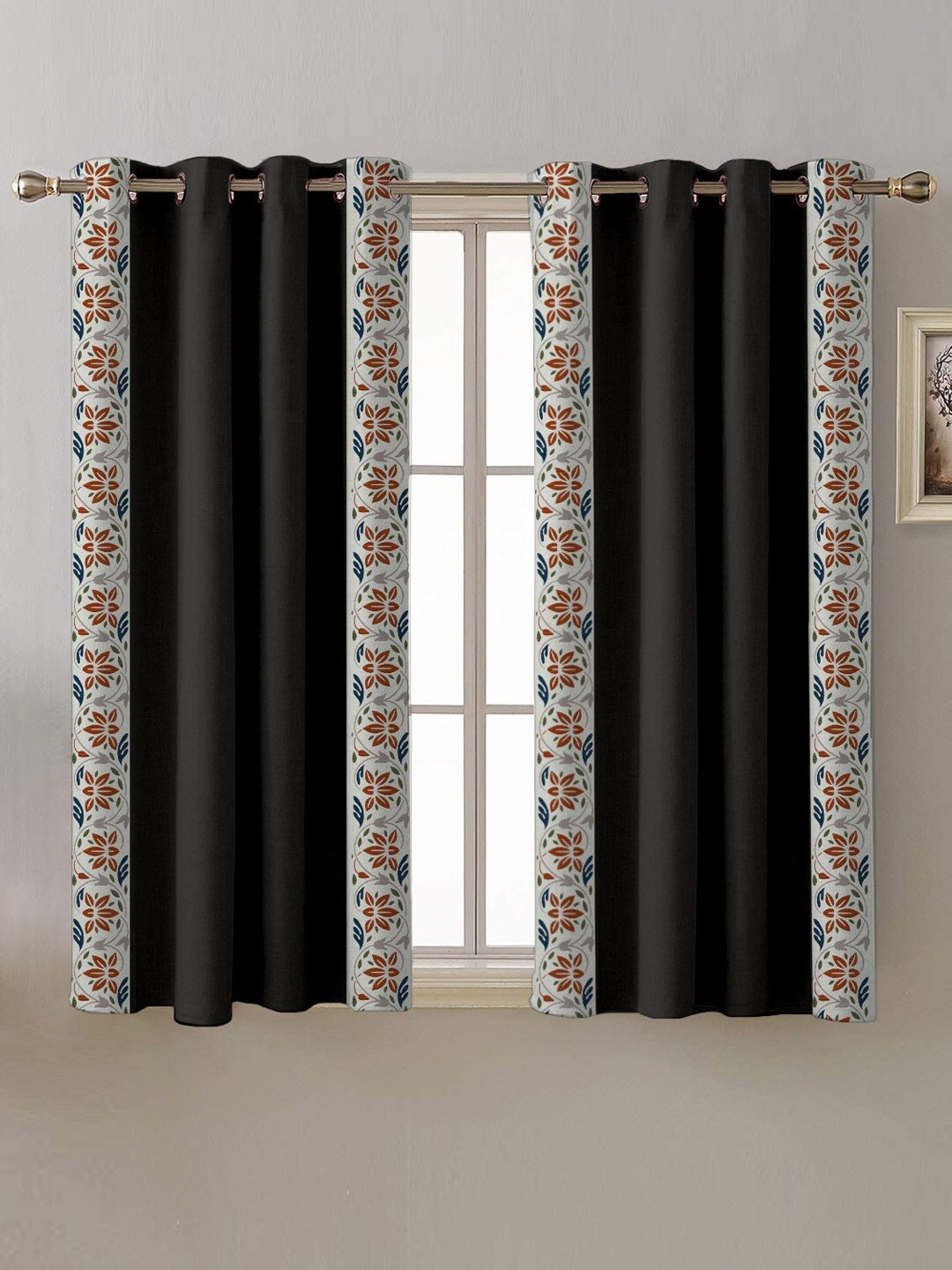 

SPACES Elegant Lace Black 2 Pieces Floral Printed Black Out Window Curtains