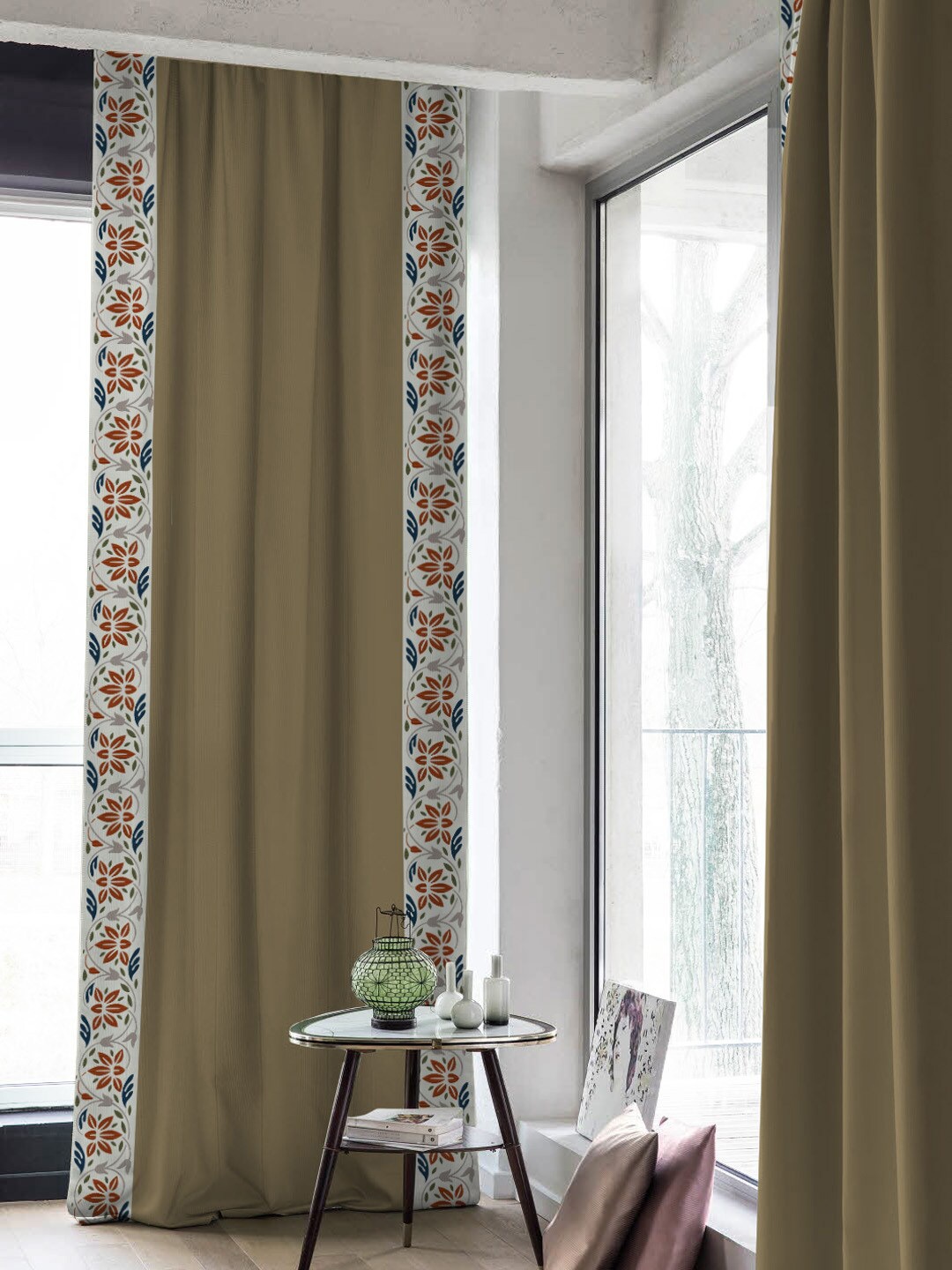

SPACES Elegant Lace Black 2 Pieces Beige & White Floral Black Out Door Curtains