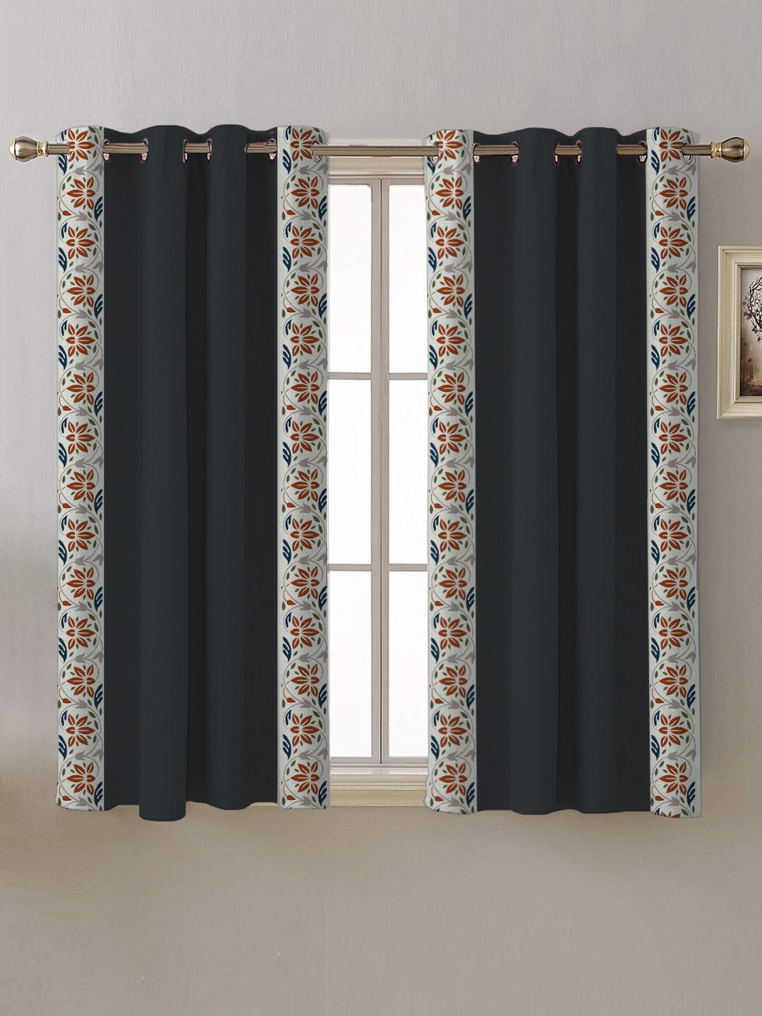 

SPACES Elegant Lace Black 2 Pieces Grey & White Floral Printed Black Out Window Curtains