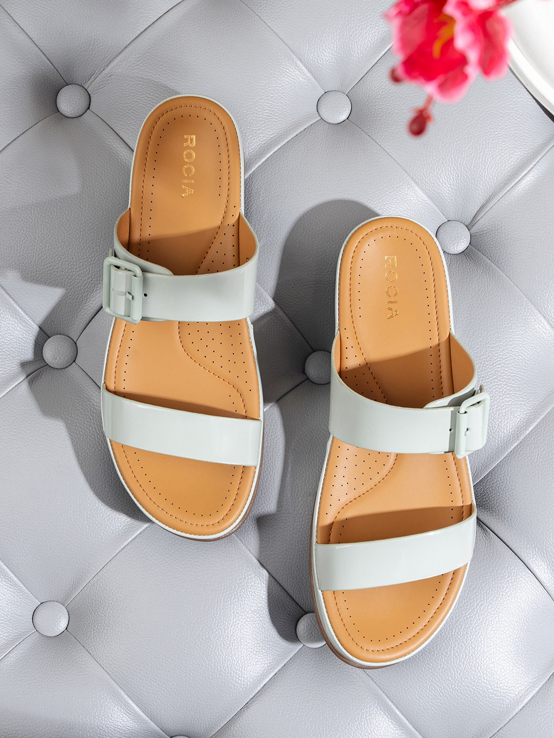 

Rocia Buckled Open Toe Flats, Sea green