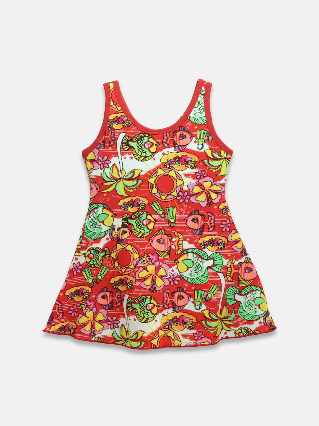 

CUKOO Girls Abstract Printed Swimming Dress With Attached Shorts, Red