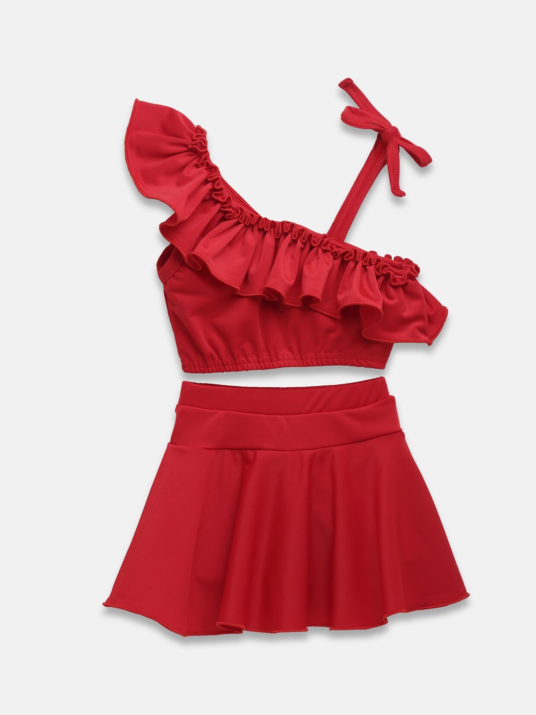 

CUKOO Girls One Shoulder Ruffled Swim Set, Red