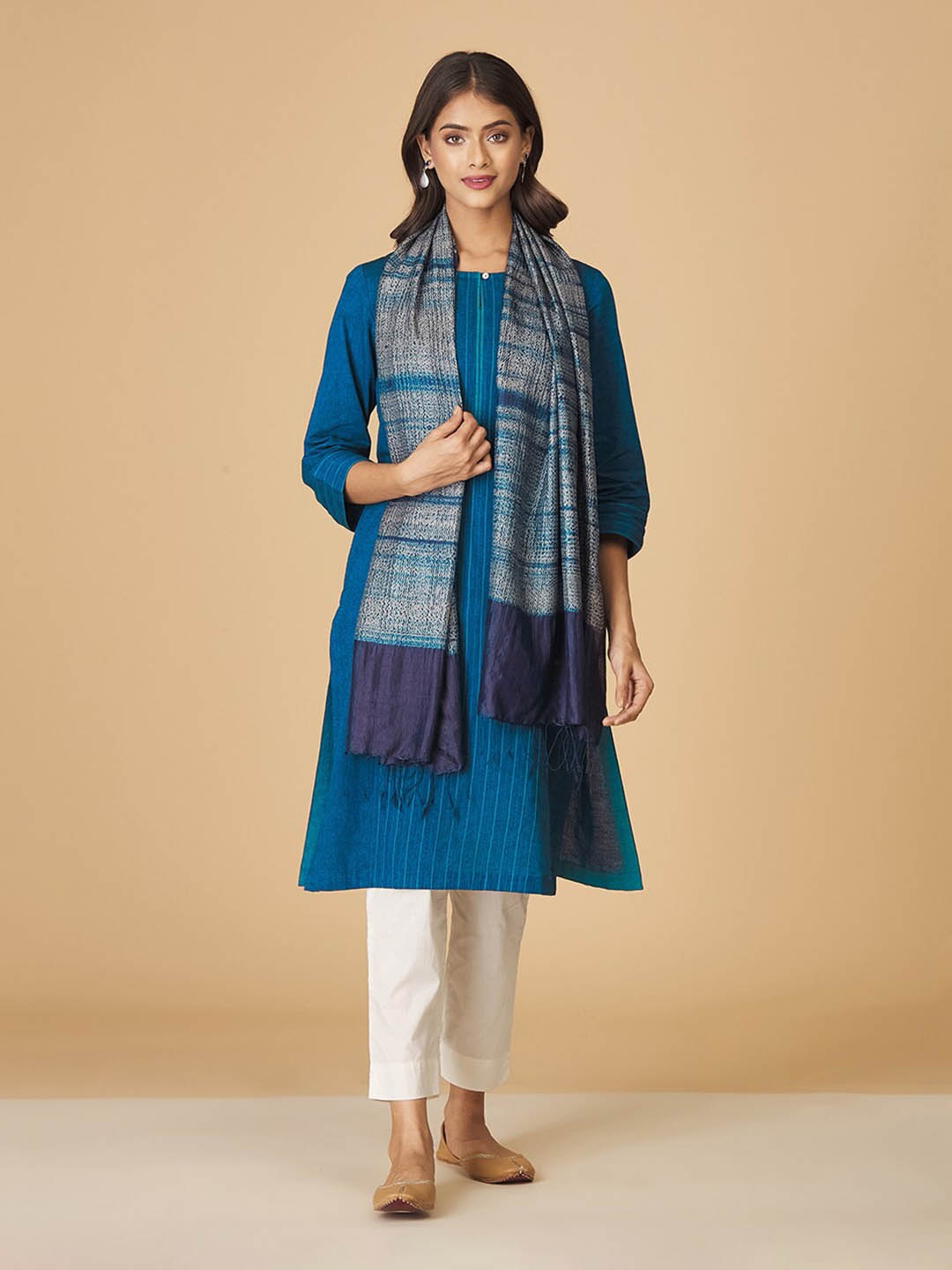

Fabindia Women Printed Silk Stole, Navy blue