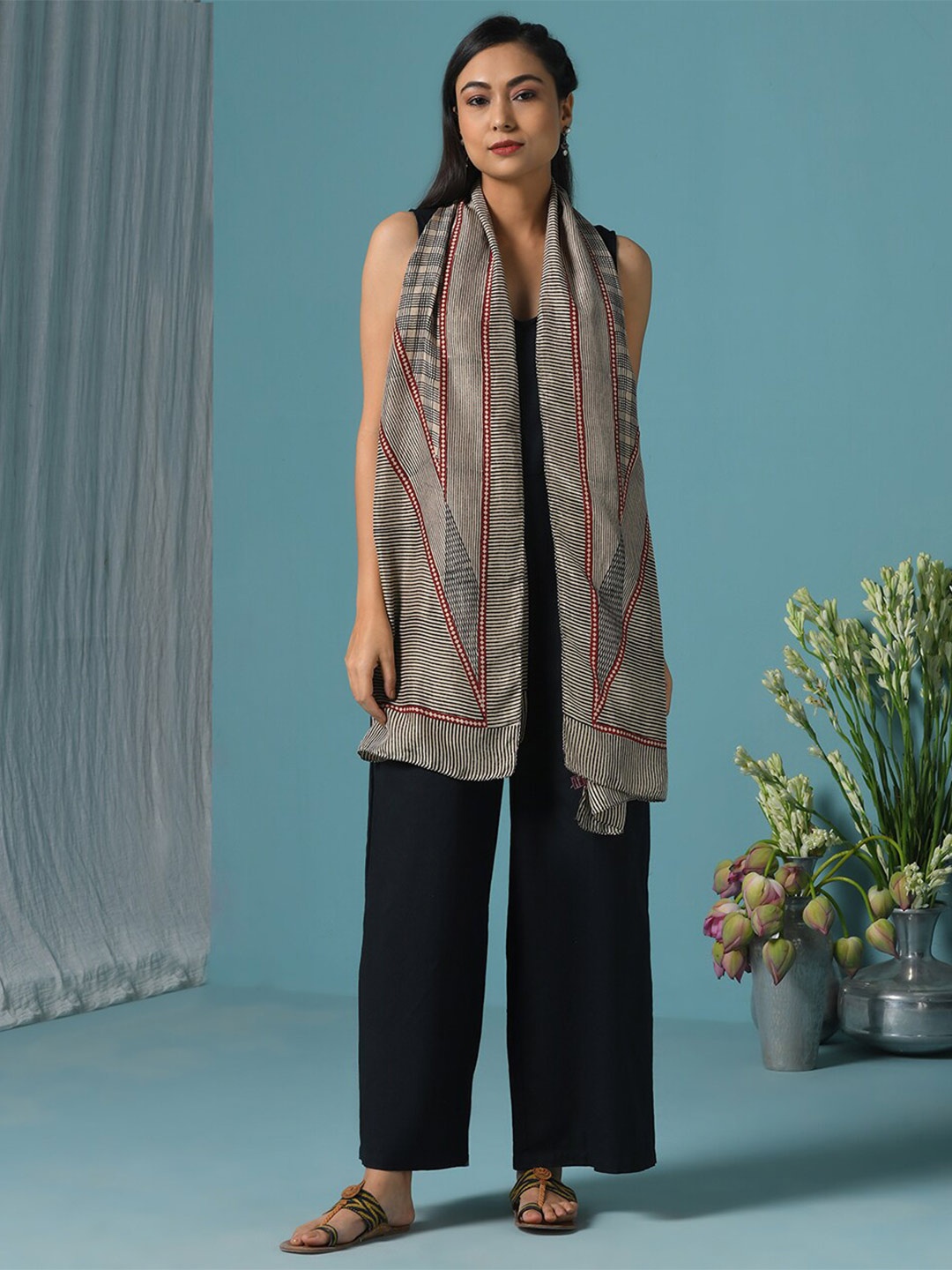

Fabindia Women Striped Silk Stole, Black