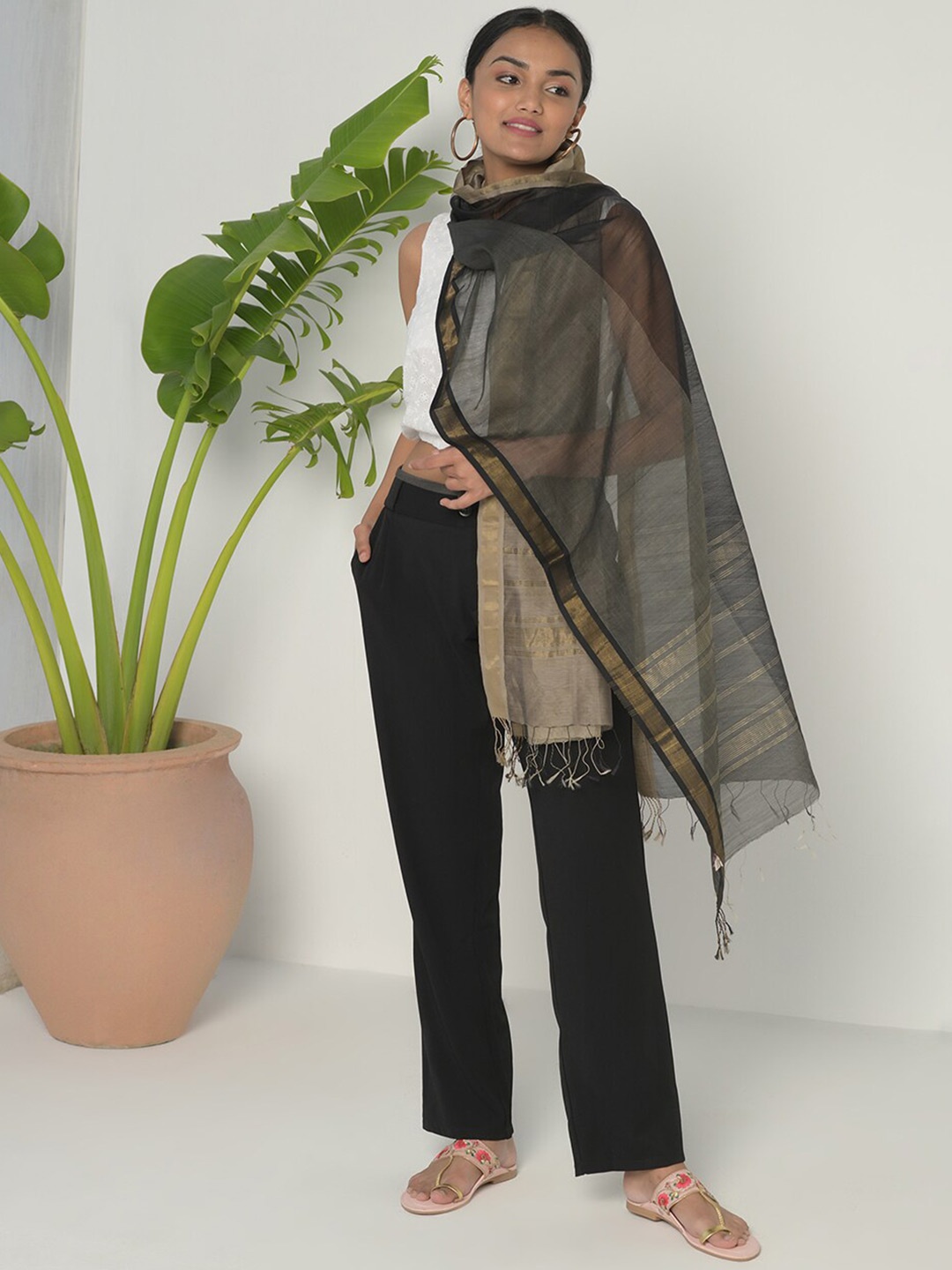 

Fabindia Women Woven Design Cotton Stole, Black